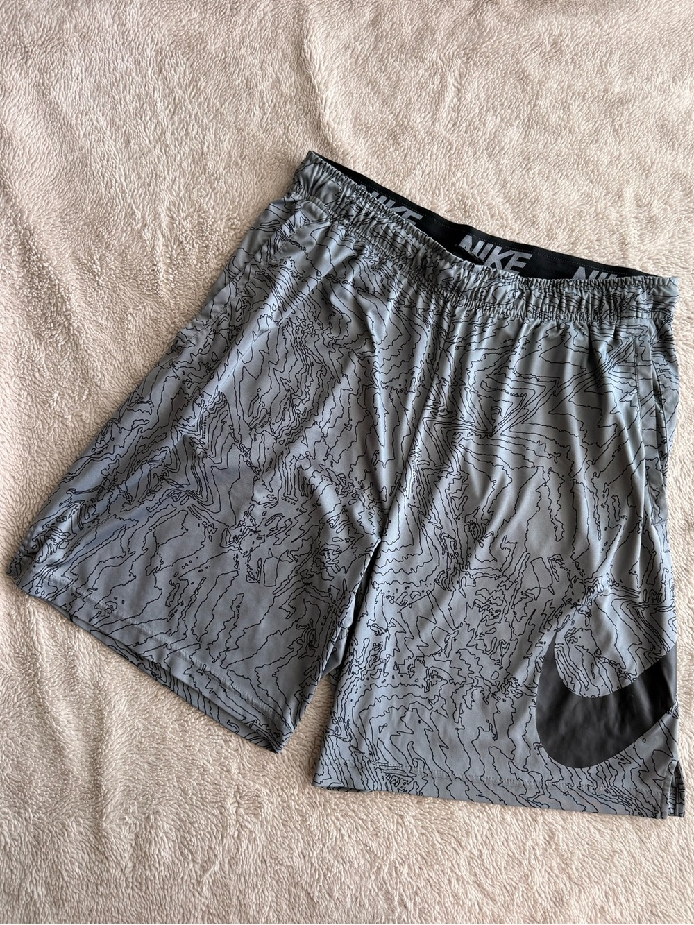Nike Men’s Gray Topographic Athletic Shorts with Black Swoosh